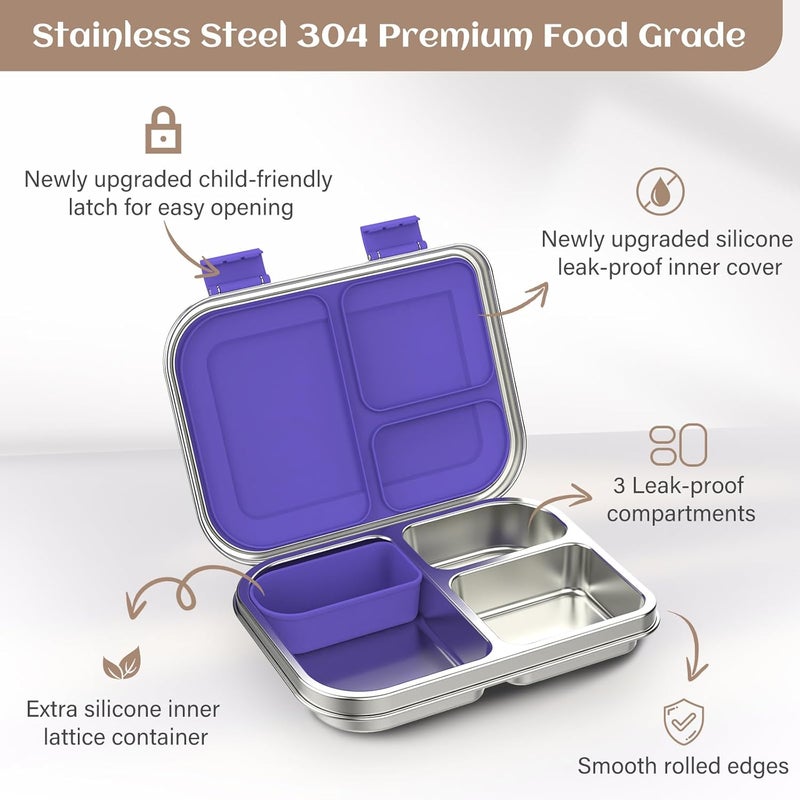BABHAMNESS Stainless Steel Bento Box Kids, 3 Compartments Leak Proof Metal Bento Lunch Box, 304 Stainless Steel Bento Lunch Containers for School and Office,Dishwasher Safe, BPA-Free-Purple - Image 3